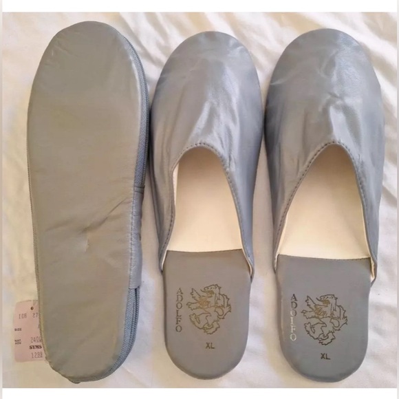 RARE Vintage ADOLFO Unisex Gray Leather Travel Slippers w/Zipper Case XL - Picture 4 of 10